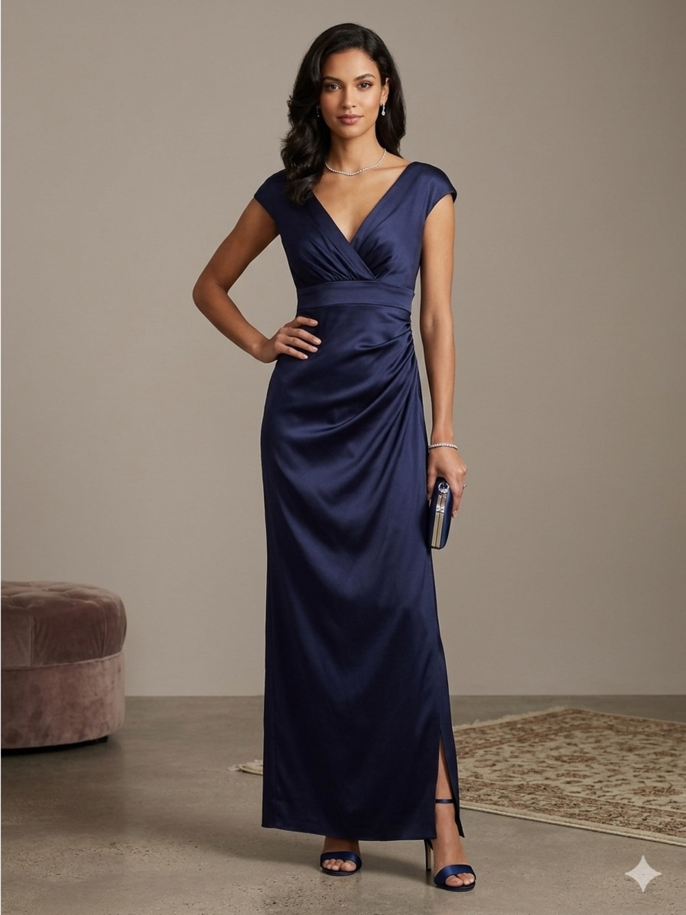 Ralph Lauren Midnight Blue V-Neck Cap Sleeve Gown